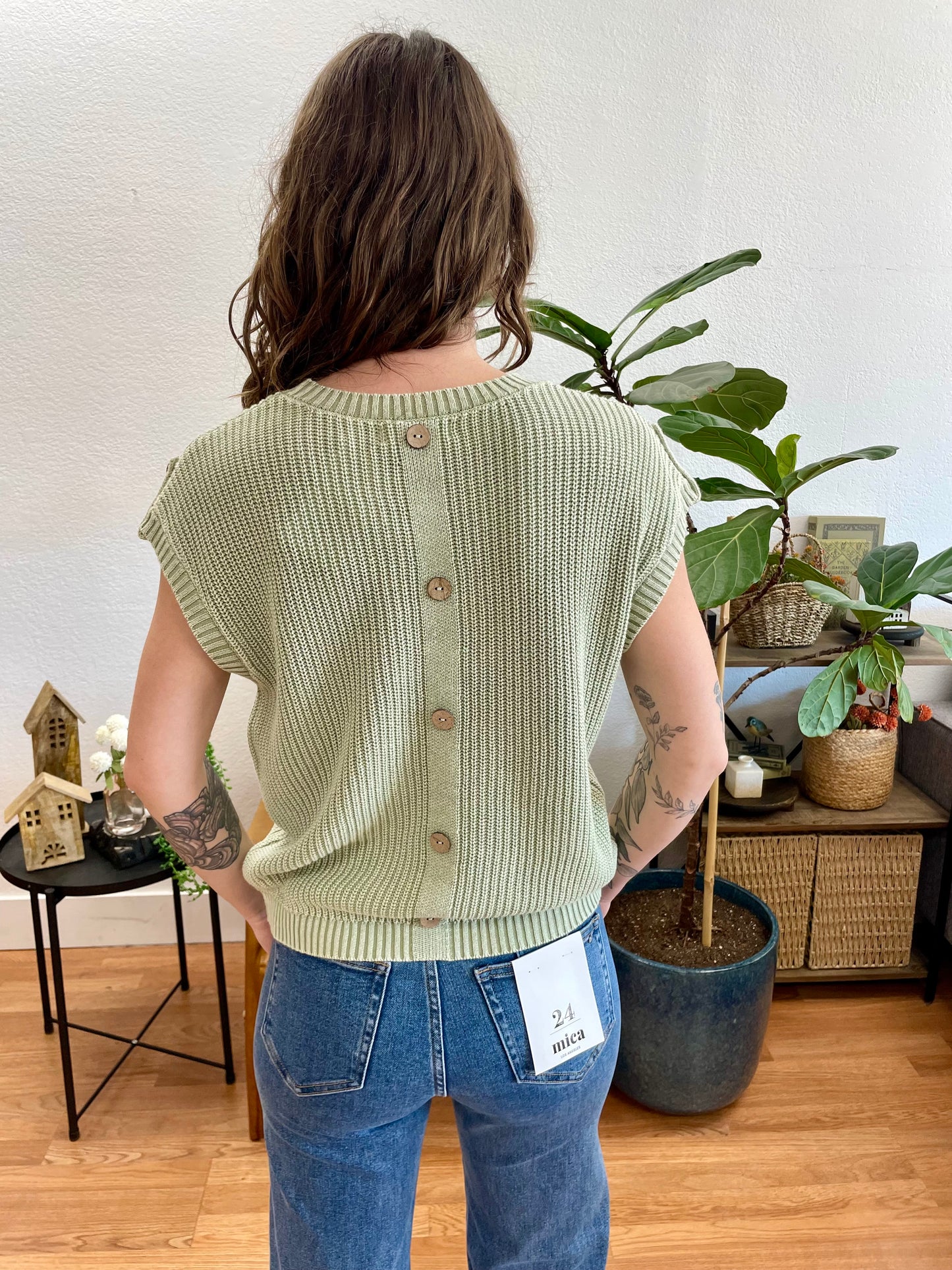 Light Green Acid Wash Tab Sleeve Knit Top