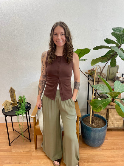 Dusty Olive Smocked Gauze Pants