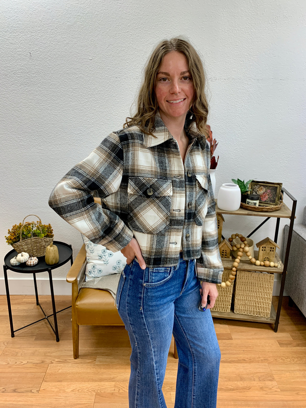 Black Cropped Plaid Jacket