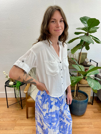 White Button Front Beachy Blouse