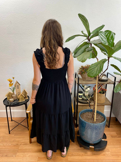 Black Smocked Tiered Ruffle Strap Dress