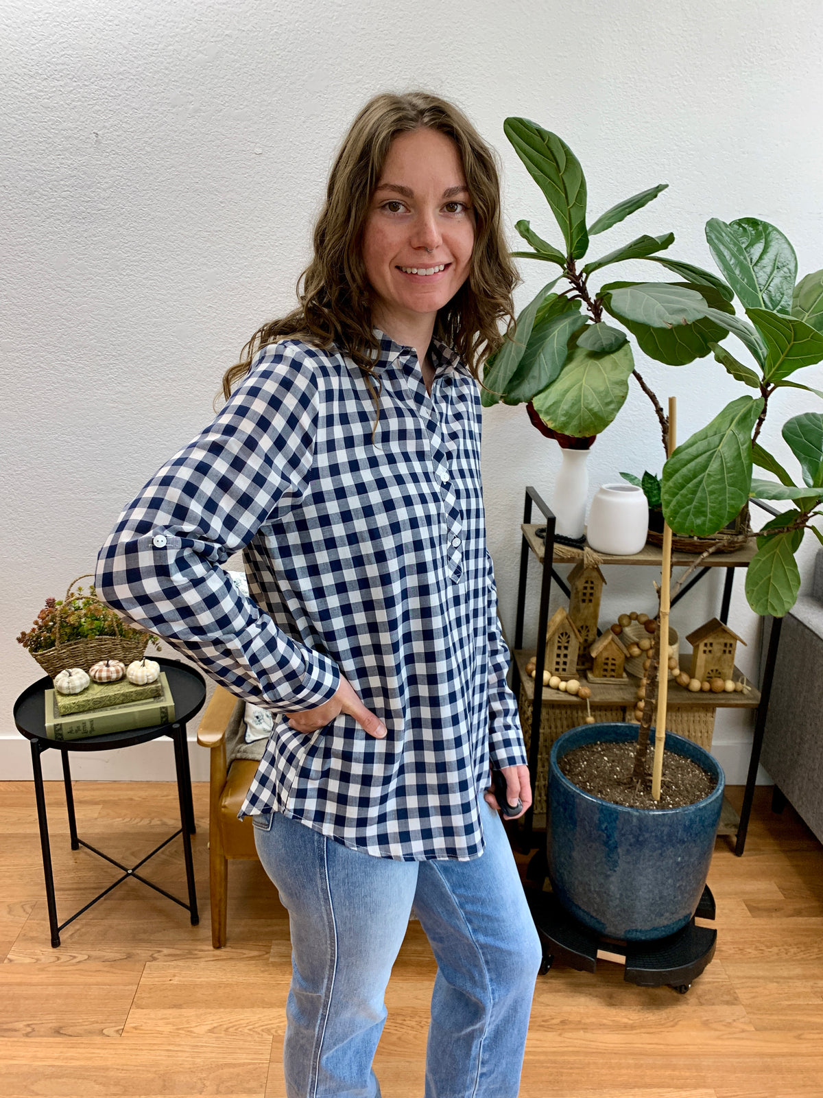 Navy Half Placket Gingham Shirt
