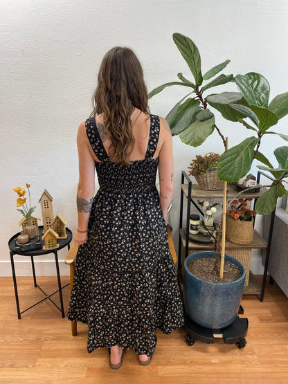 Black Tiered Smock Floral Maxi Dress