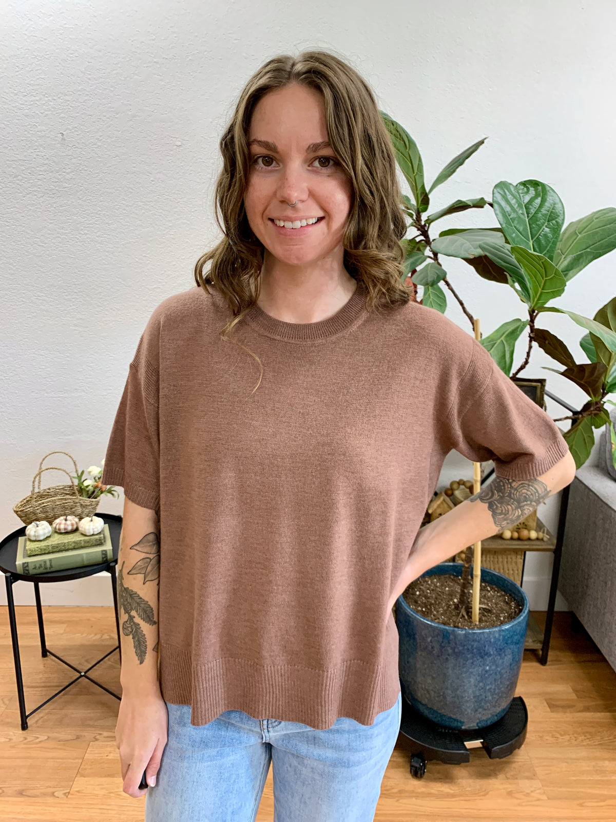 Sepia Wool Blend Boxy Knit Top