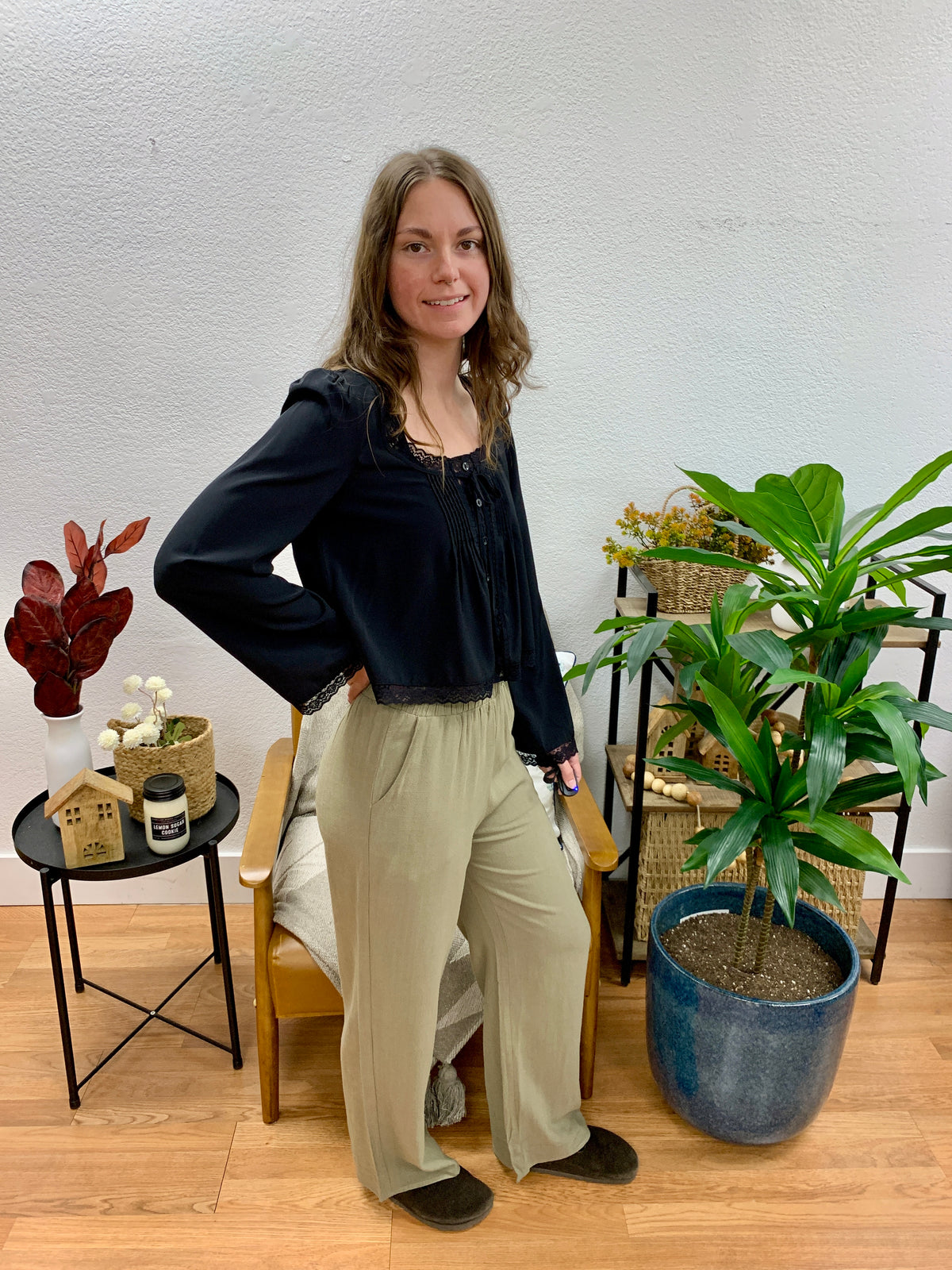 Olive Ruffled Side Pocket Pants