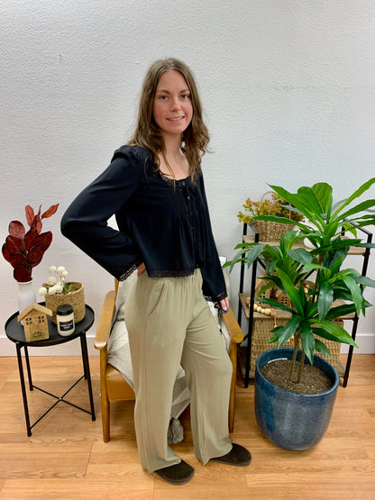 Olive Ruffled Side Pocket Pants