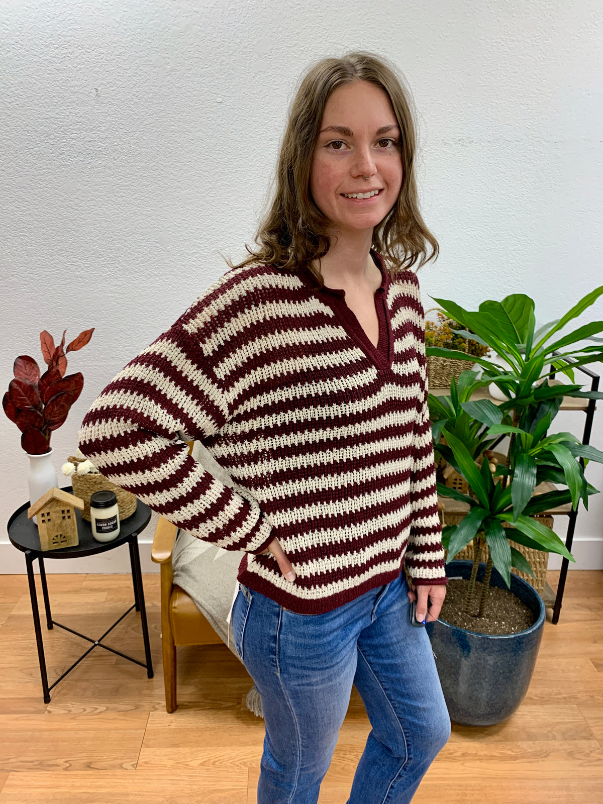Burgundy Stripe Raw Edge Sweater