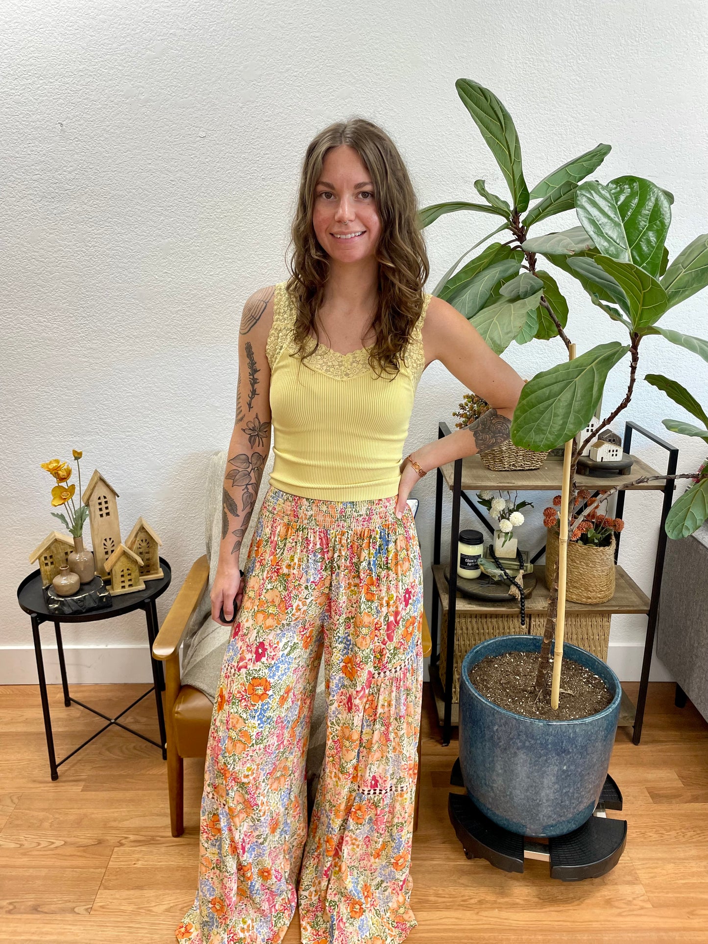 Cream Wide Leg Lace Insert Pants