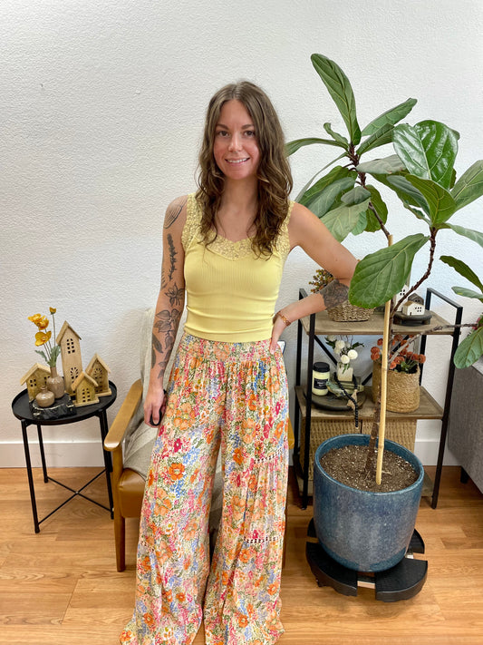 Cream Wide Leg Lace Insert Pants