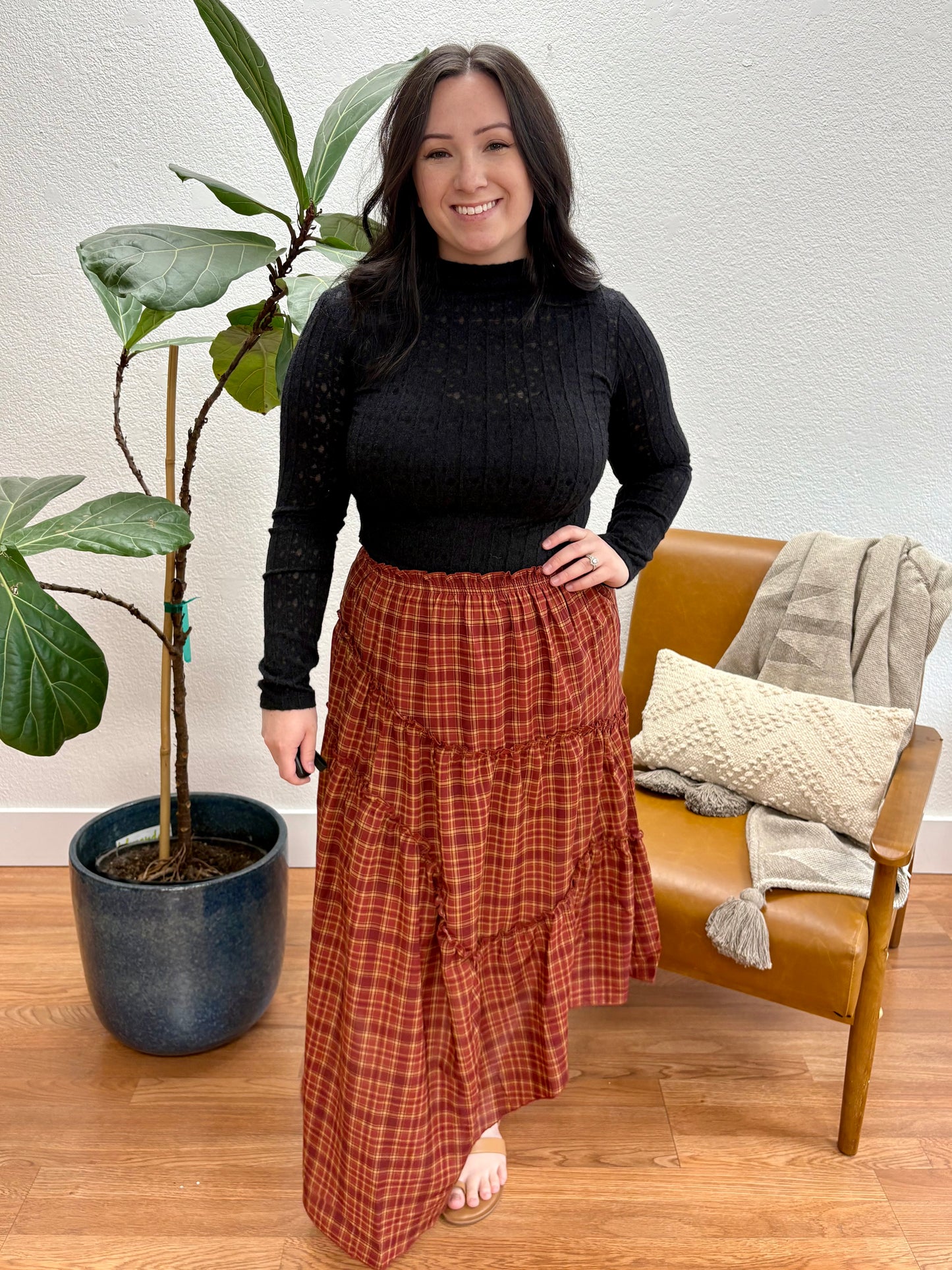 Red Plaid Ruffle Handkerchief Midi Skirt