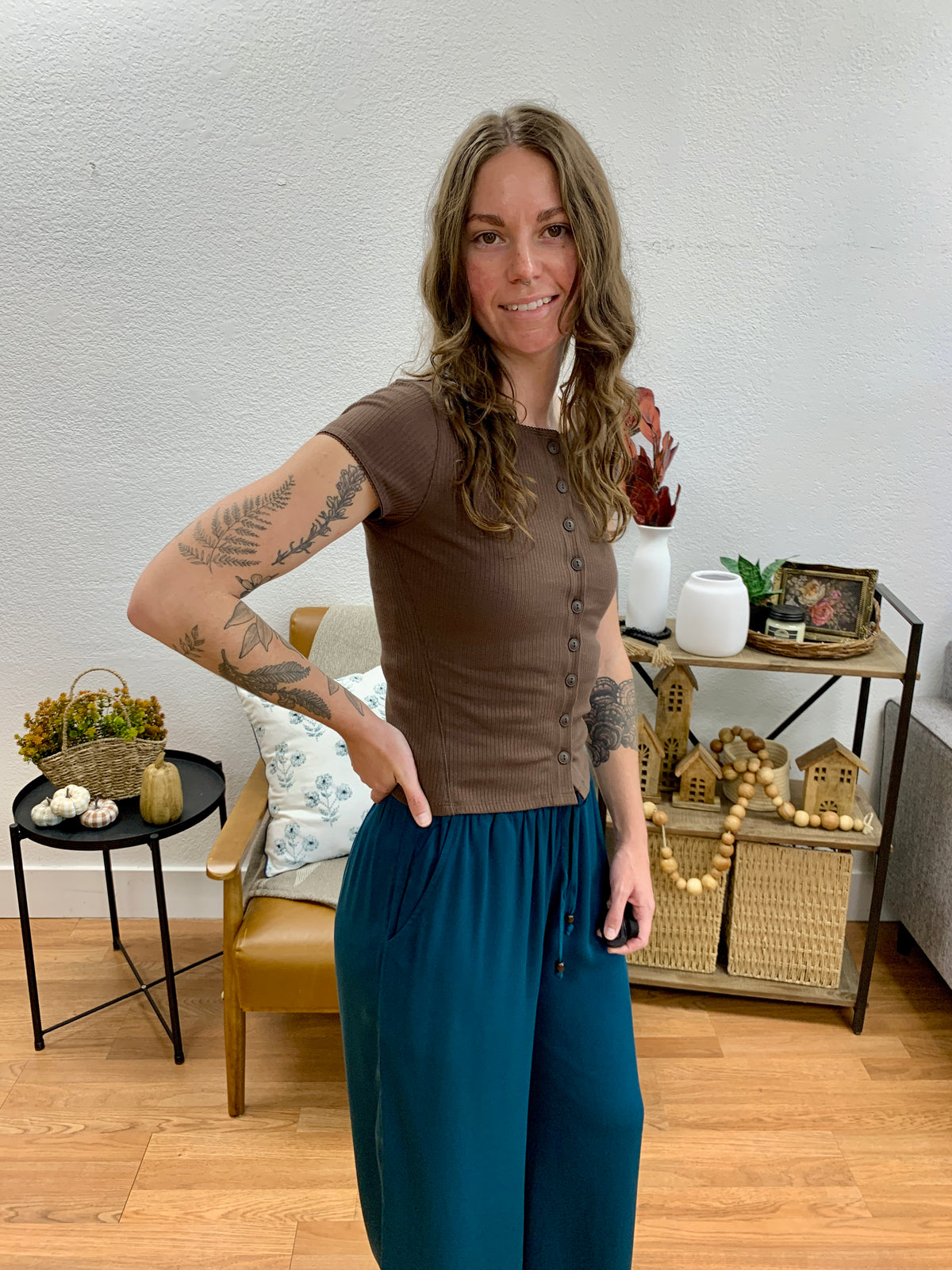 Brown Ribbed Button Front Knit Top