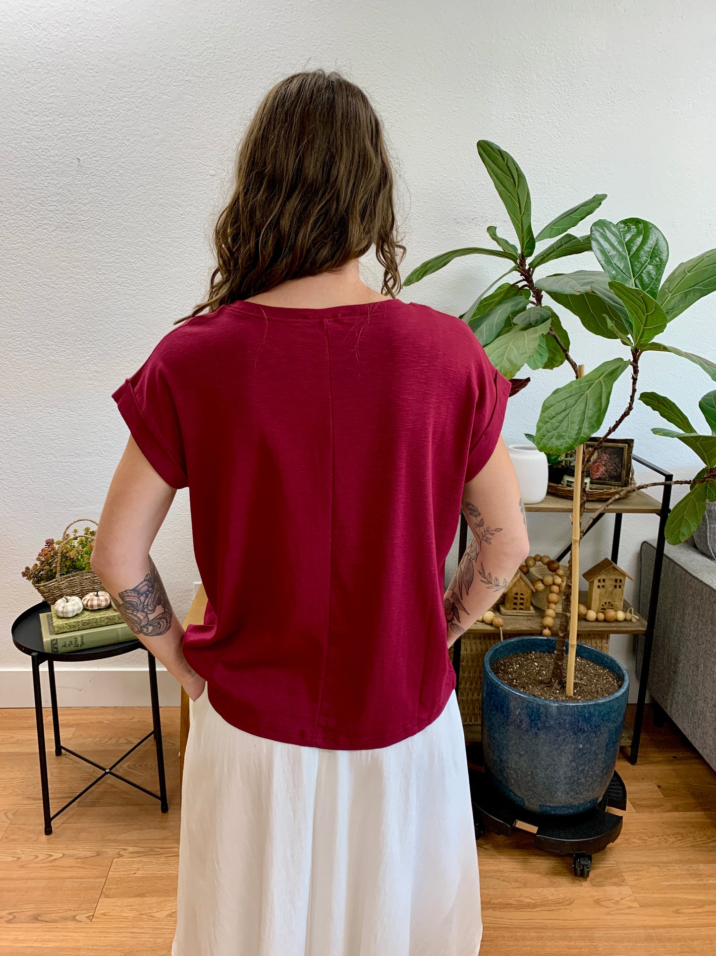 Wine Modal Rolled Sleeve Tee