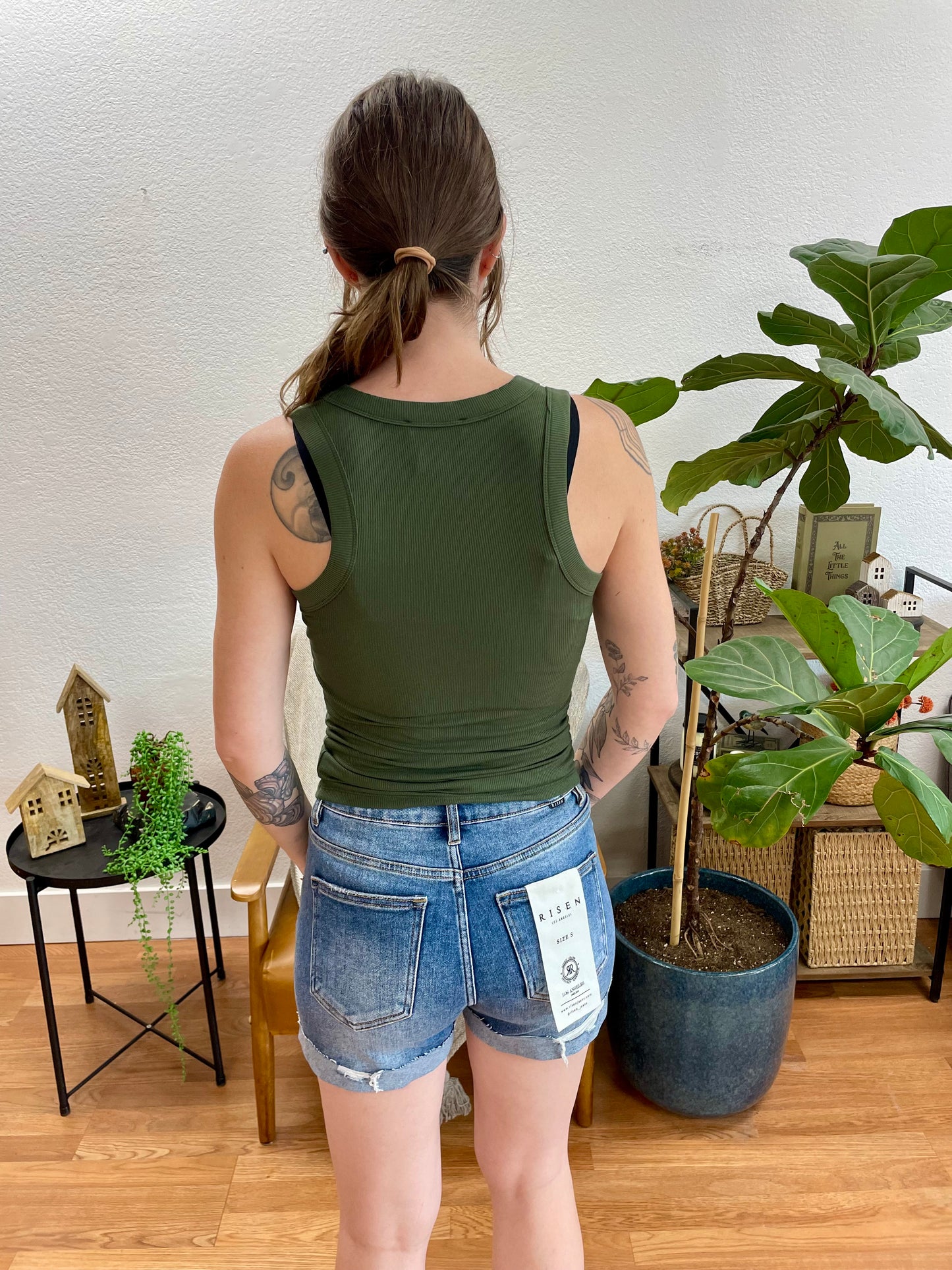 Army Green Ribbed Scoop Neck Tank