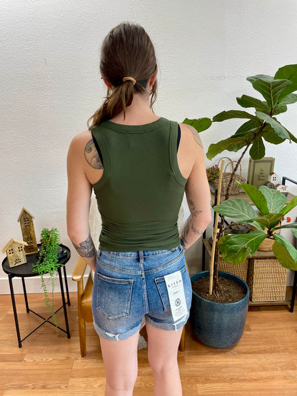 Army Green Ribbed Scoop Neck Tank