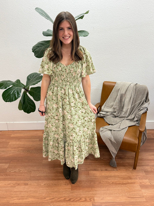 Olive Floral Tiered Midi Dress