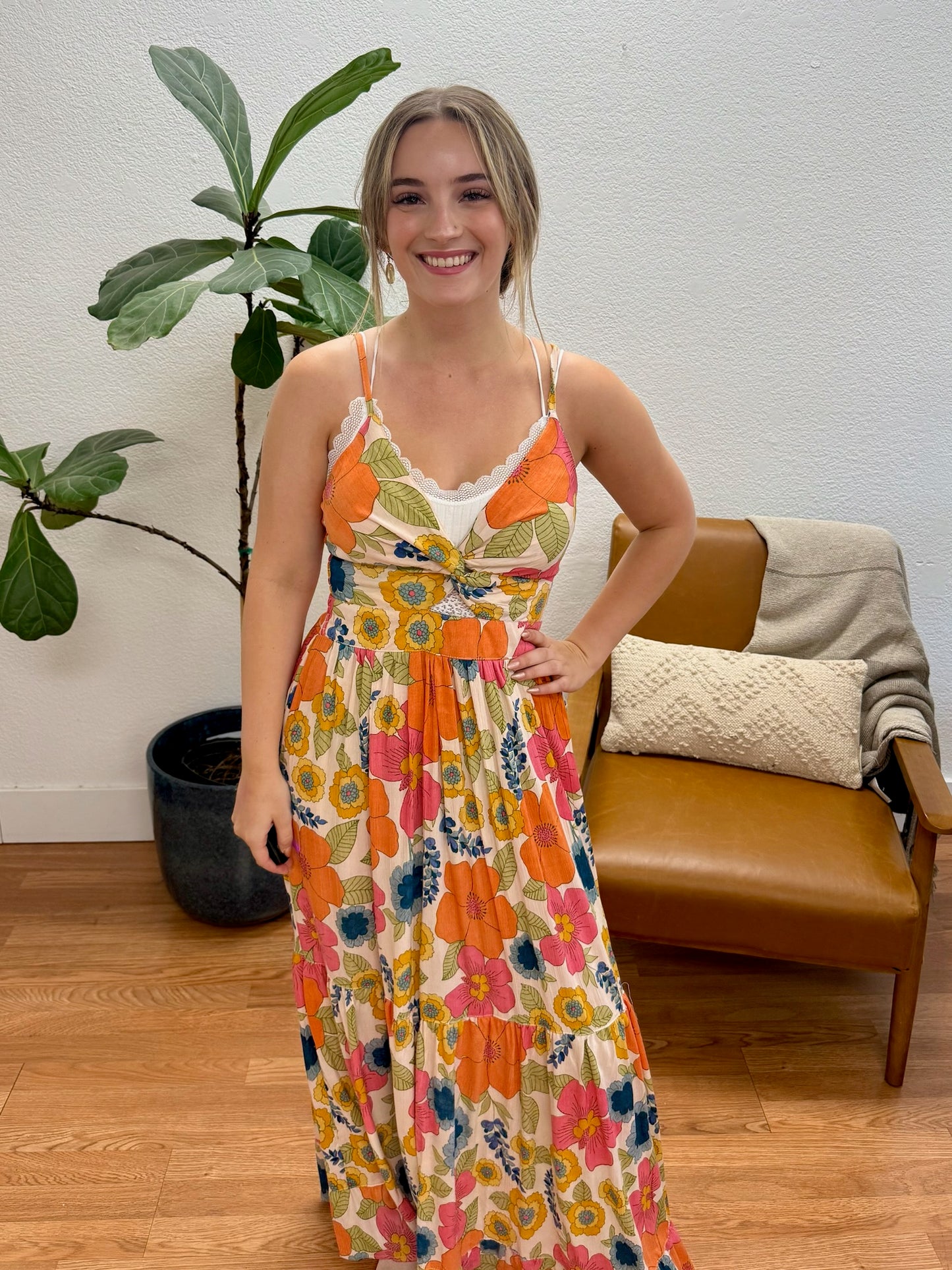 Cream V-Neck Cut Out Maxi Dress