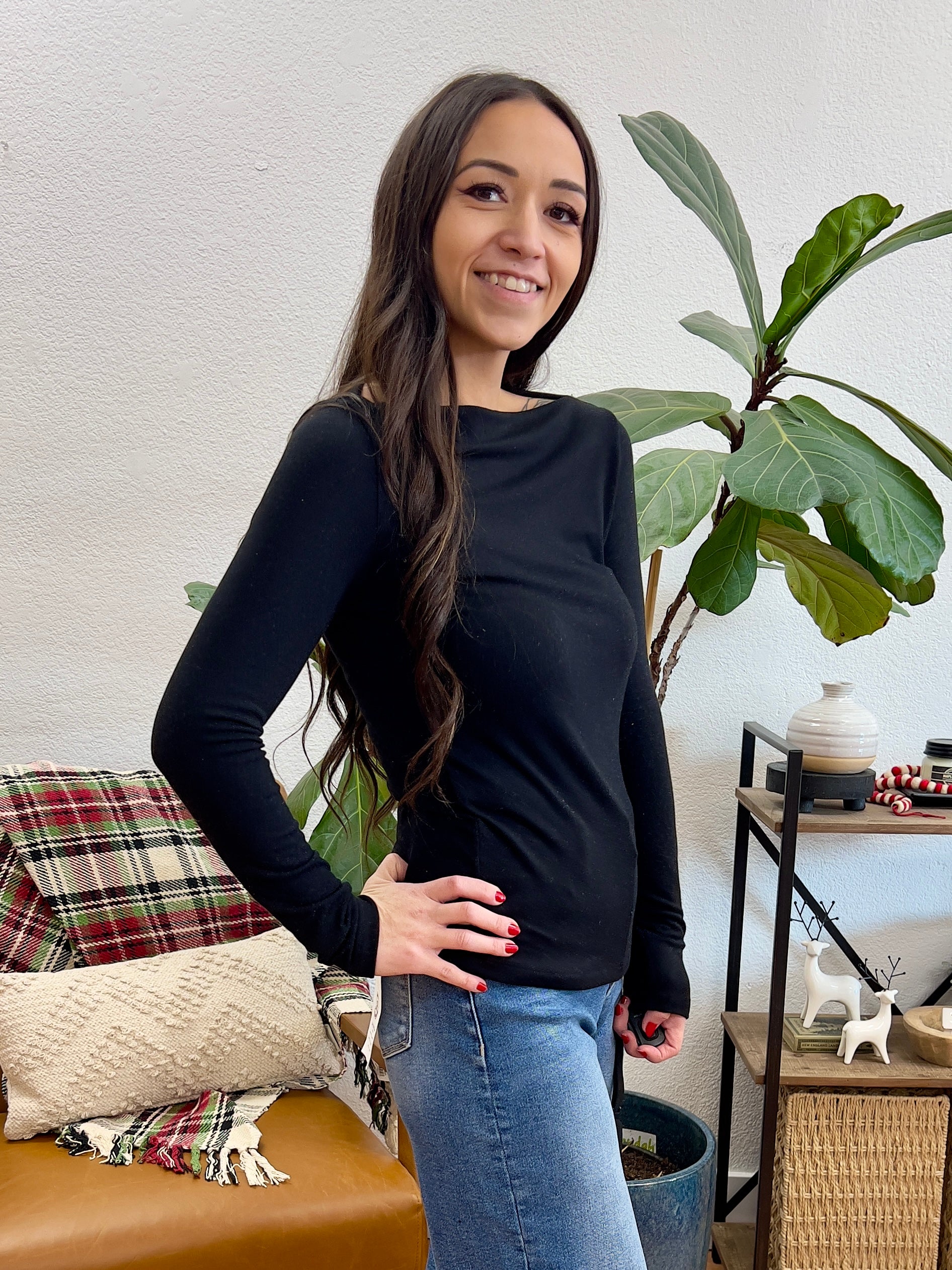 Black Boat Neck Layering Tee - Terra Cottage