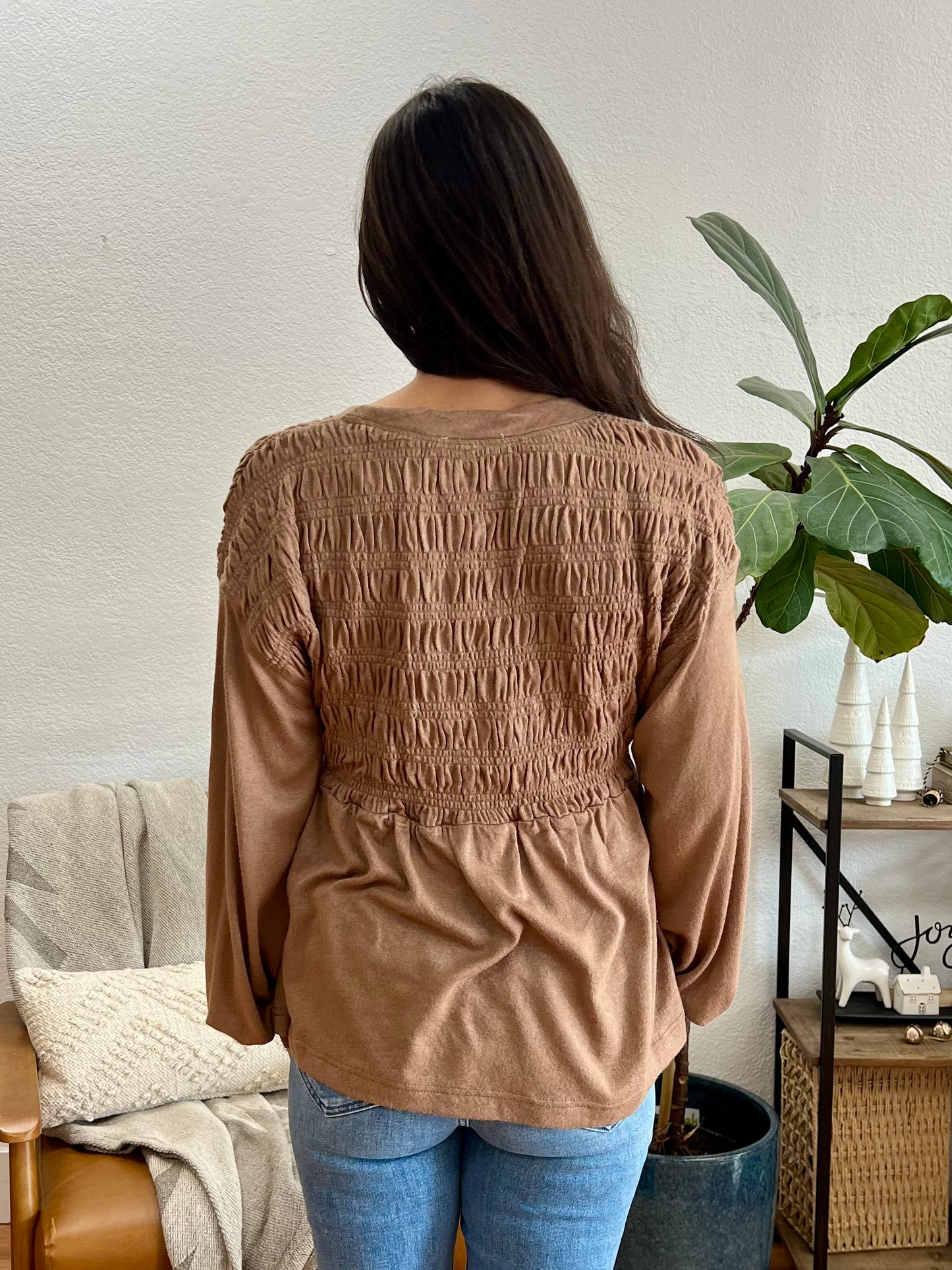 Taupe V Neck Babydoll Blouse