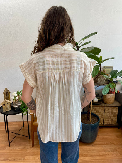 Khaki Striped half Button Collared top