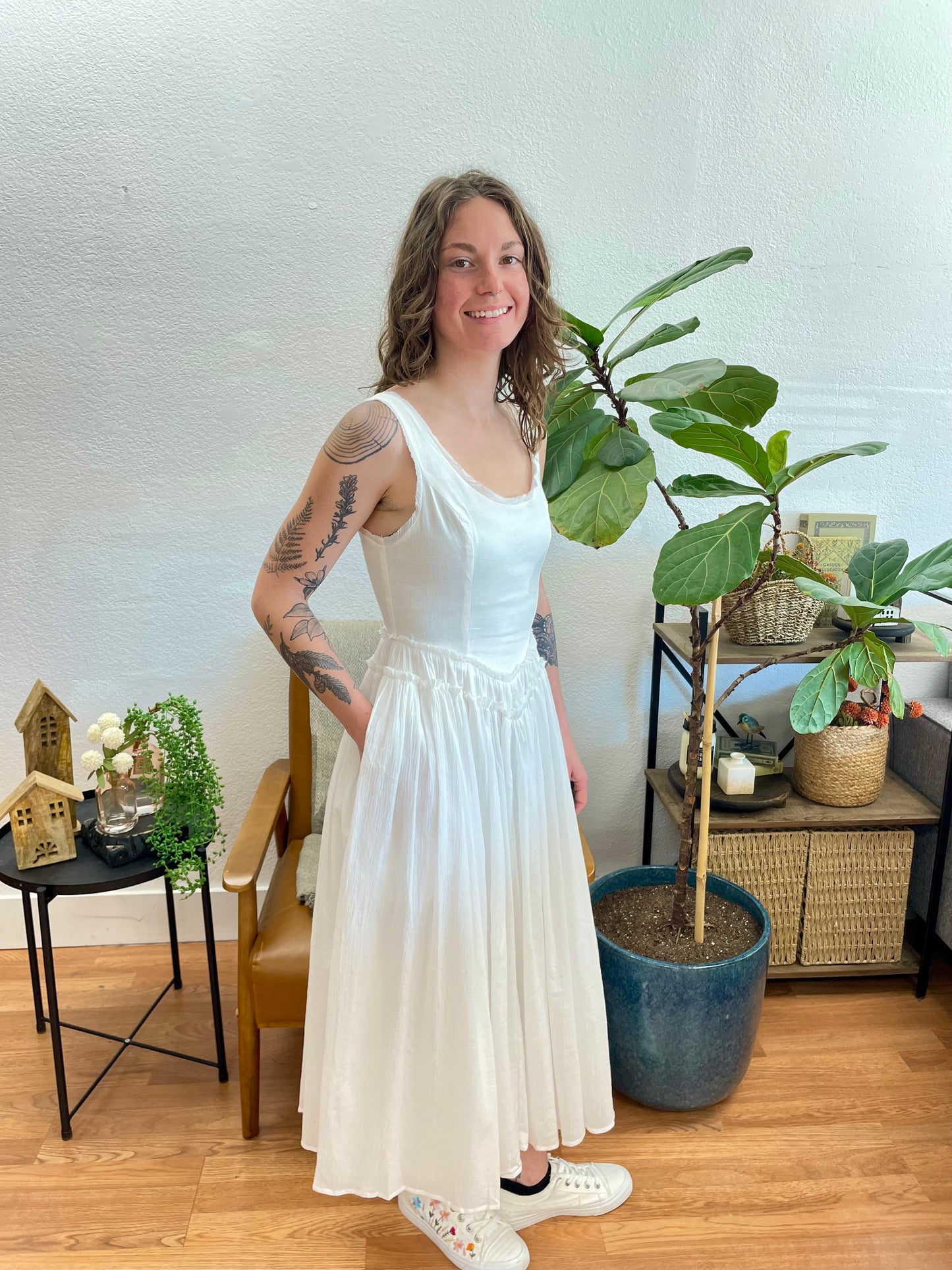 Basque Waist Off White Midi Dress
