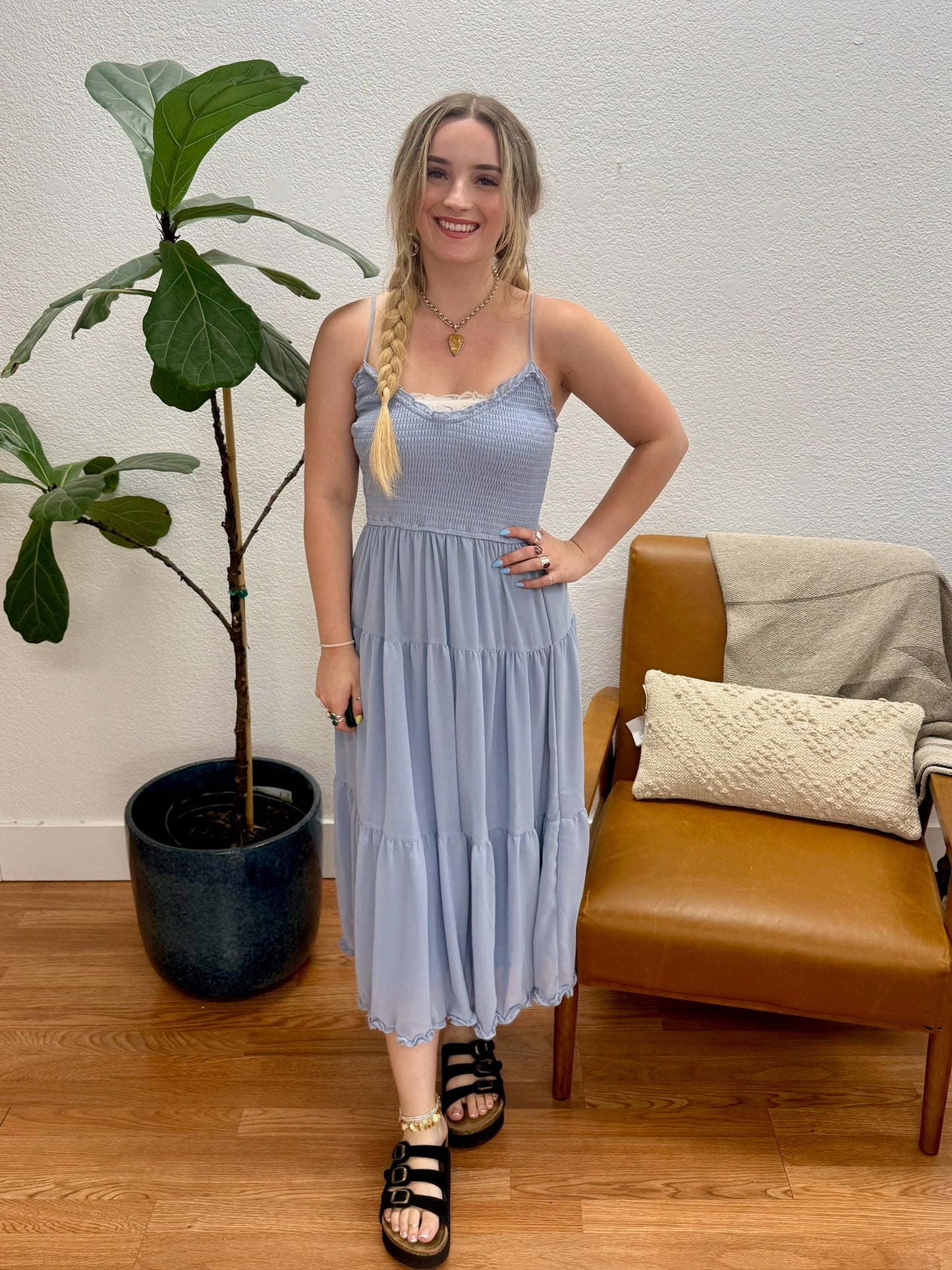Dusty Blue Chiffon Bodice Midi Dress