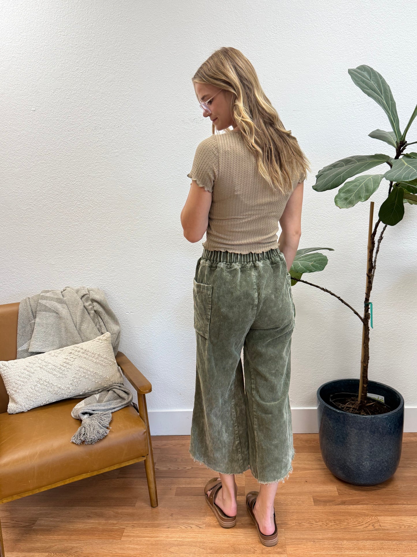Olive Cropped Corduroy Wide Leg Pants