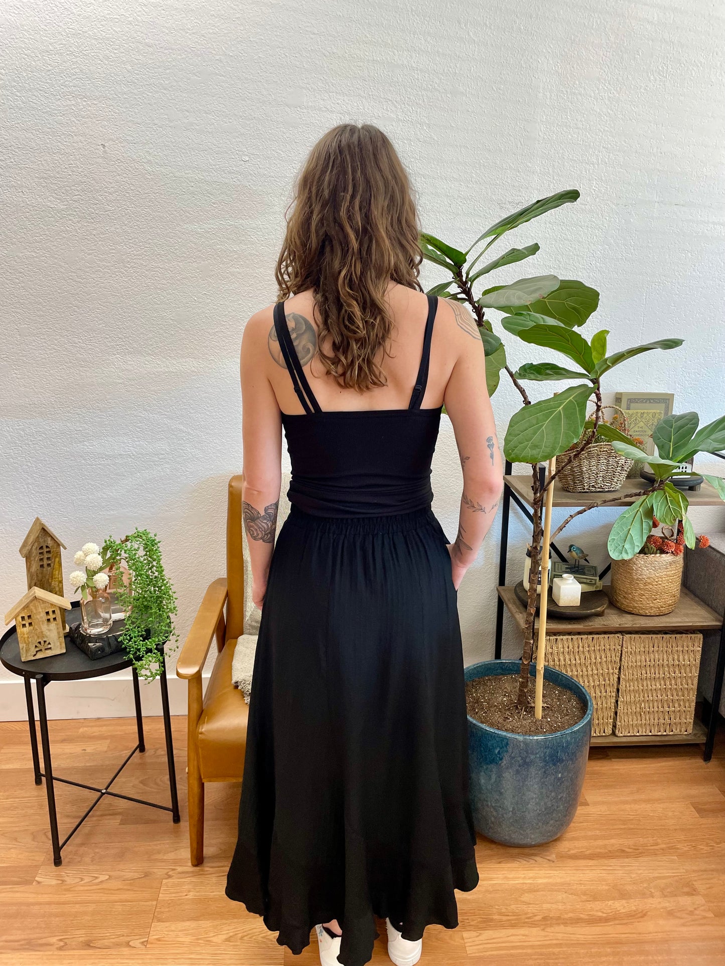 Scarf Hem Black Midi Skirt