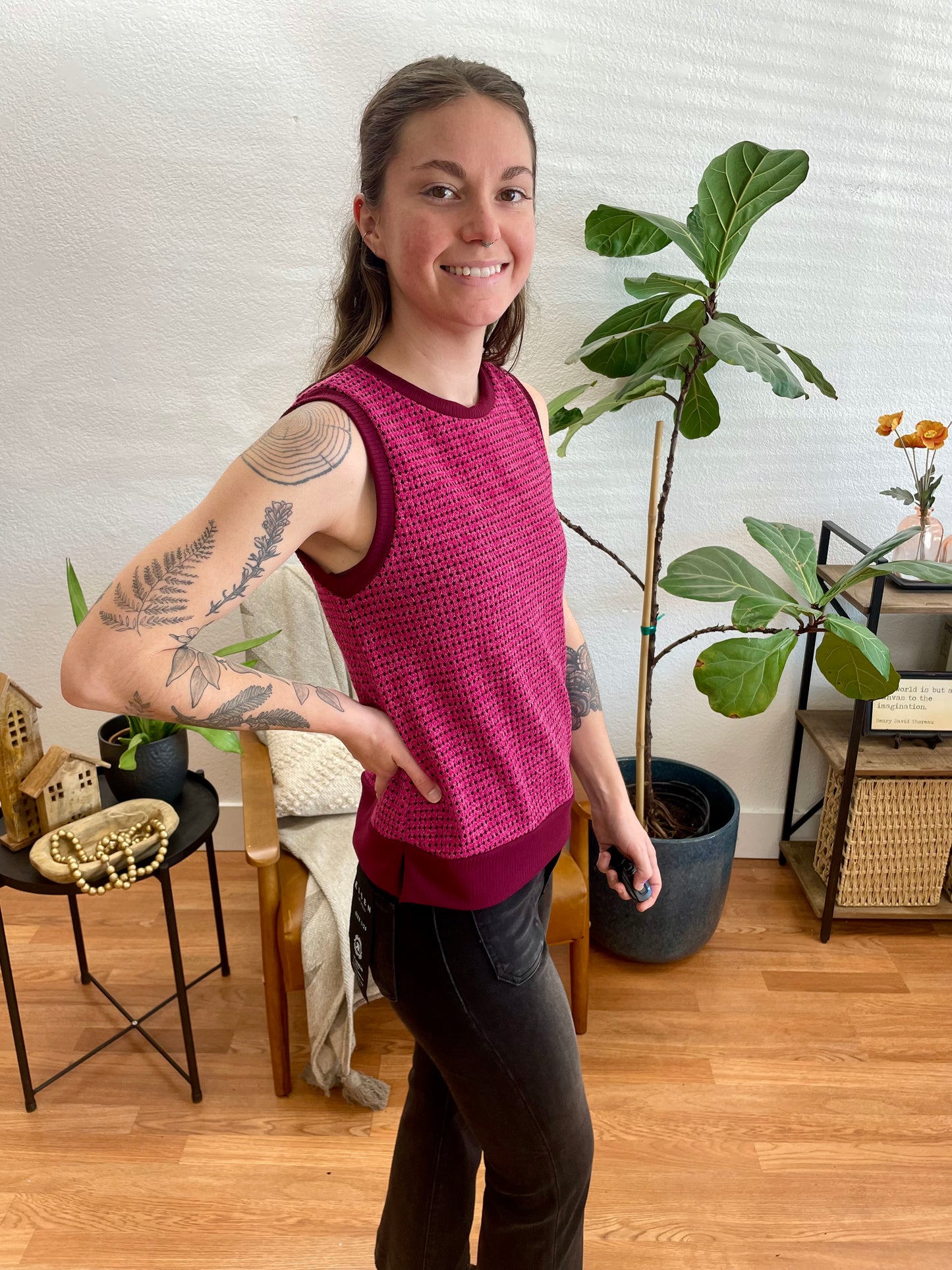 Burgundy & Magenta Round Neck Contrast Top - Terra Cottage