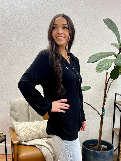 Black Knit Henley Hoodie