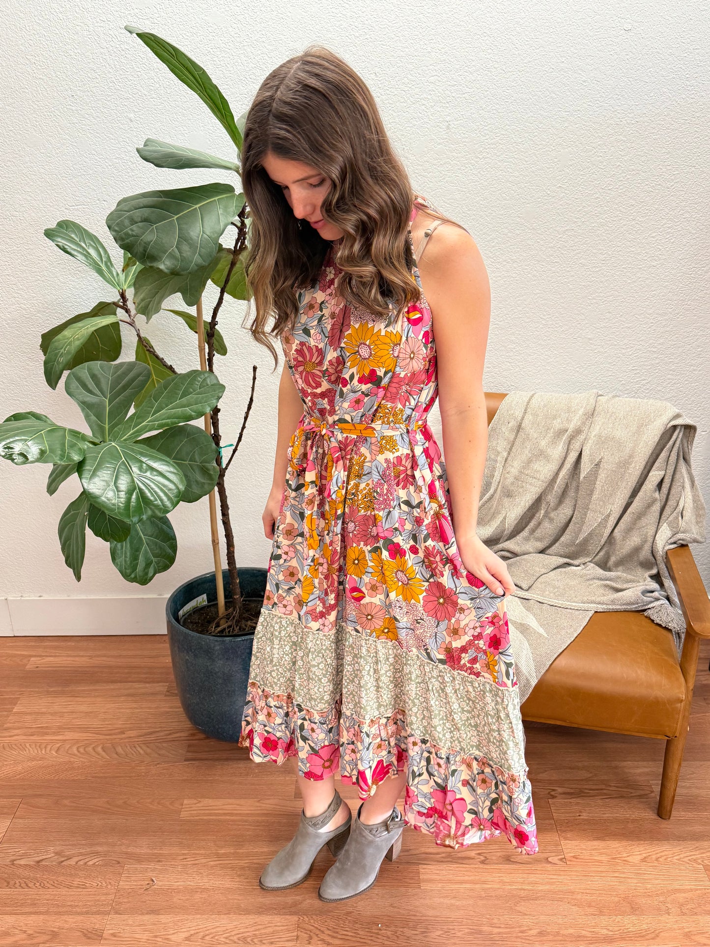 Rose/Sage Floral Hi-Lo Maxi Dress