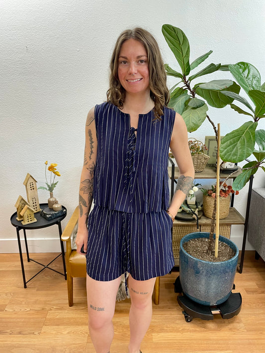 Navy Linen Striped Shorts