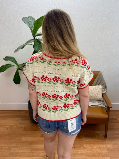 Ivory Floral Graphic Knit Sweater Vest