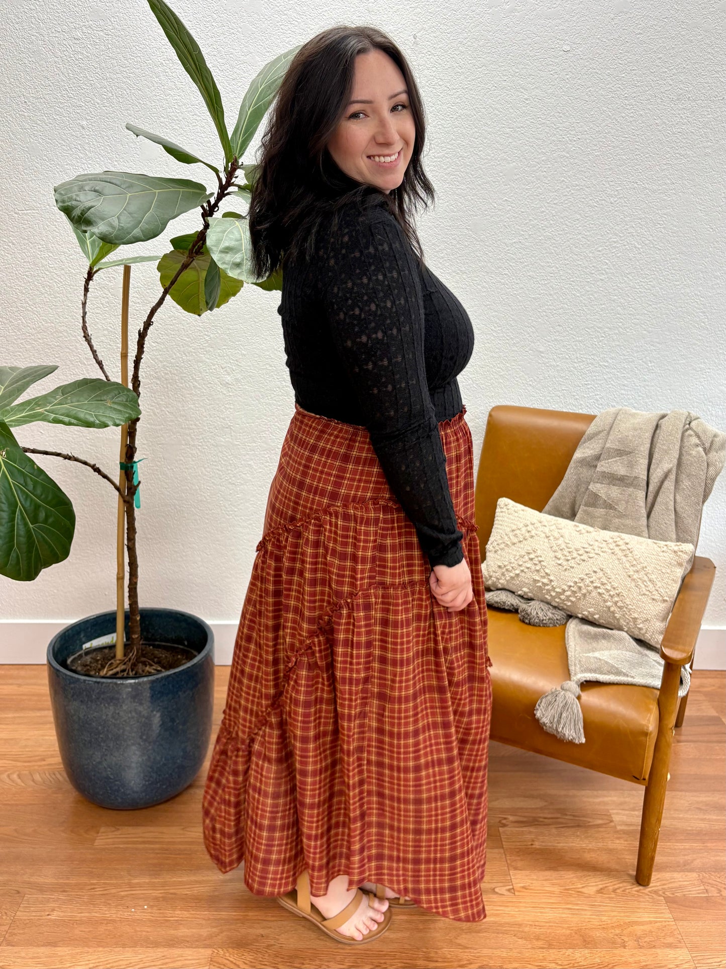 Red Plaid Ruffle Handkerchief Midi Skirt