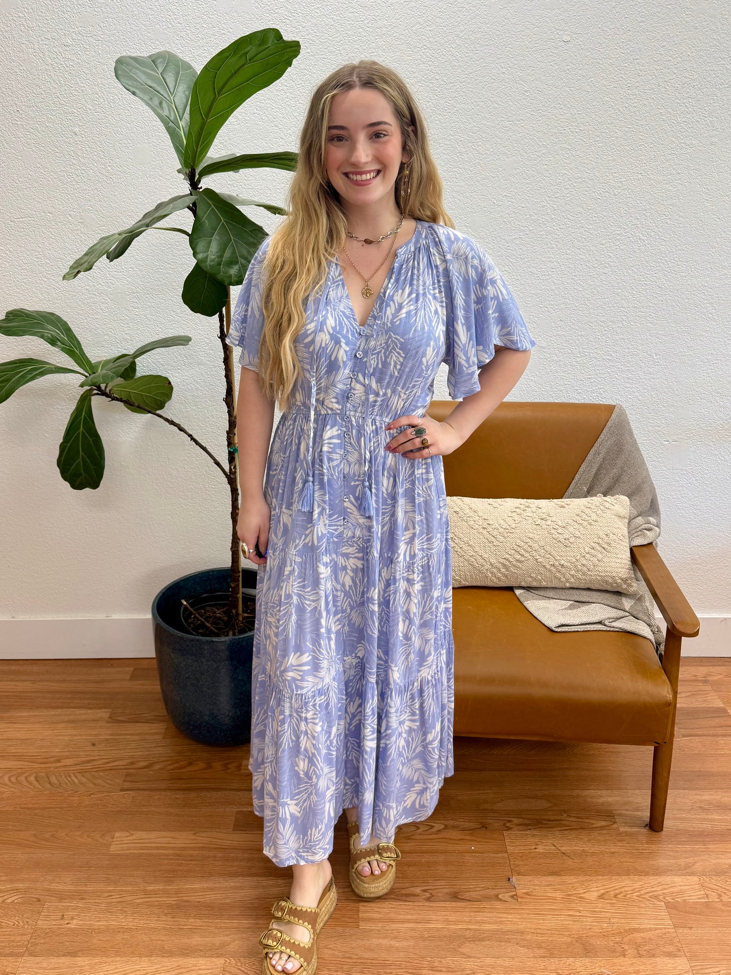 Ice Blue Leaf Maxi Dress