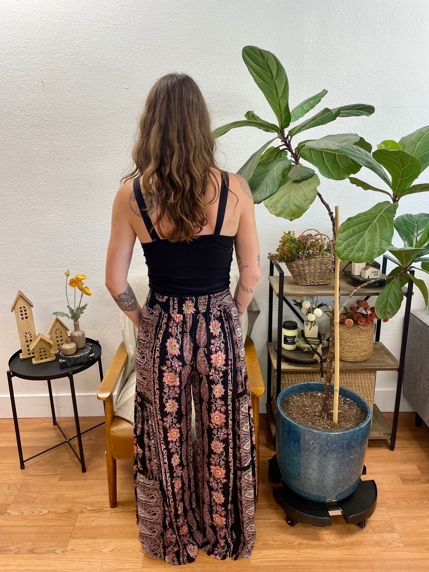 Black Floral Lace Inset Flowy Pants