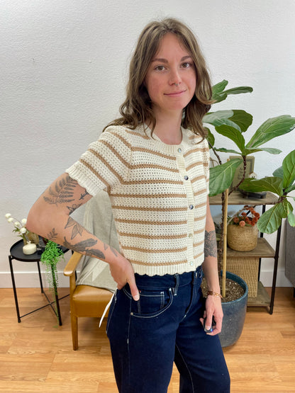 Taupe Striped Short Sleeve Cardigan