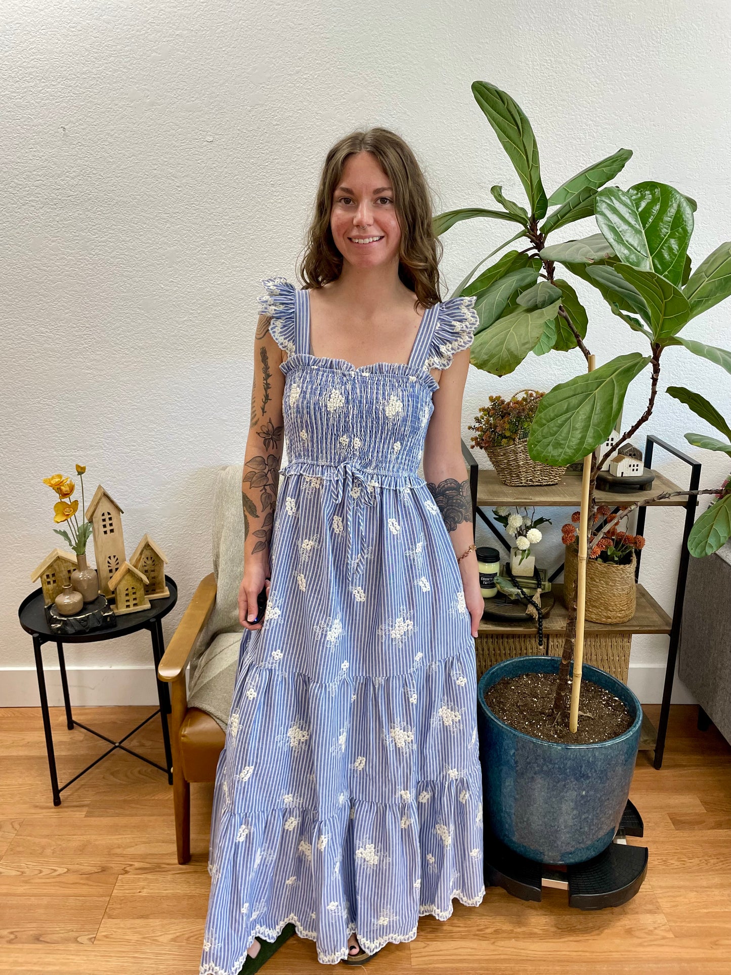 Embroidered Striped Maxi Dress