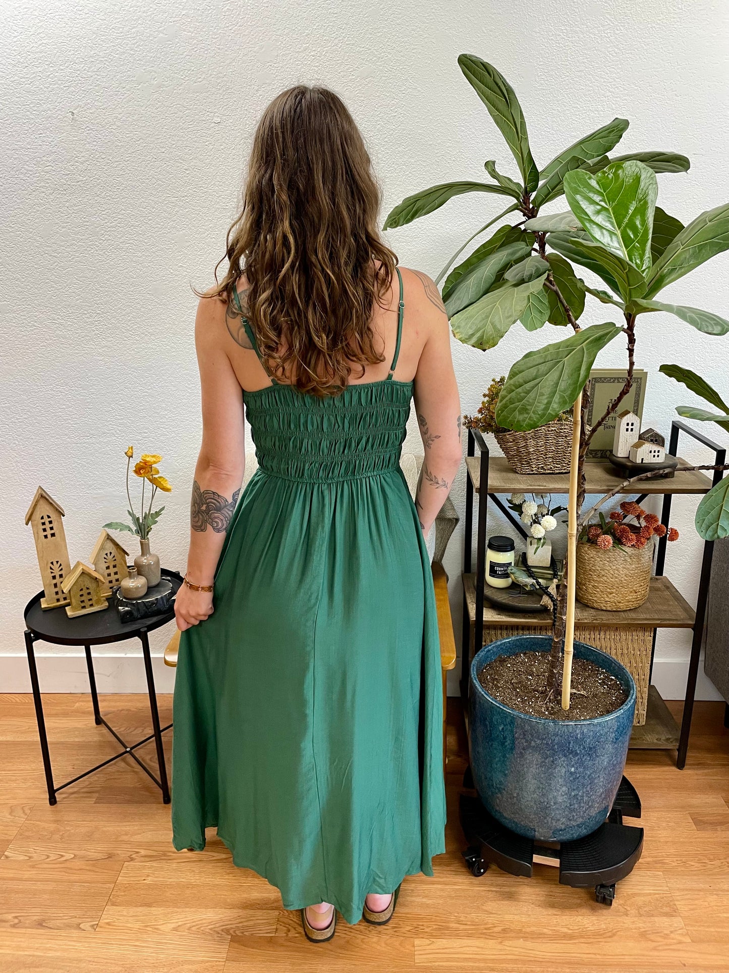 Kelly Green Shirred Midi Dress