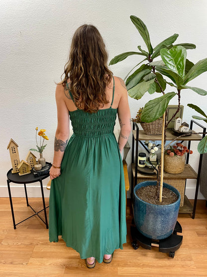 Kelly Green Shirred Midi Dress