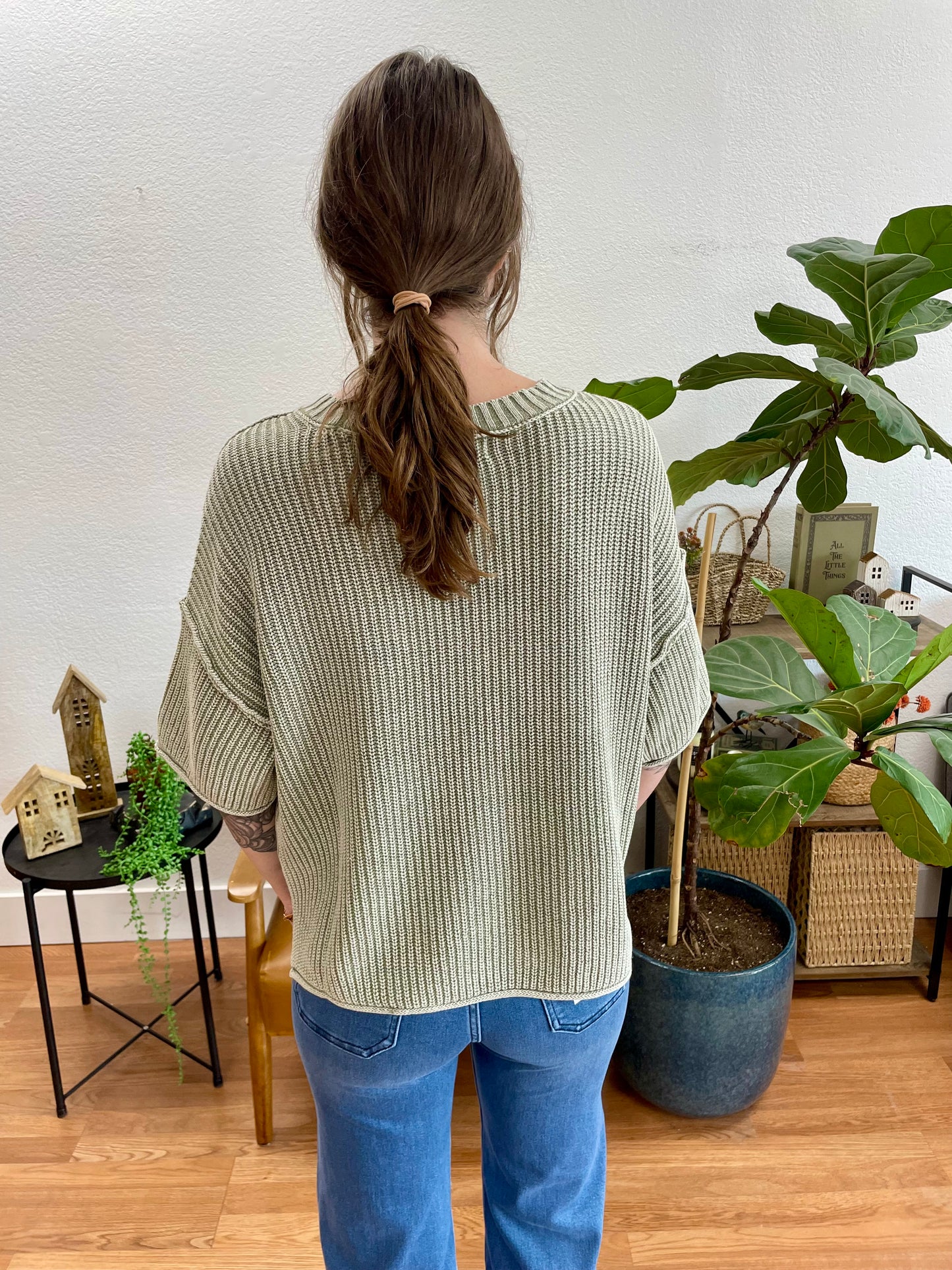 Sage Washed Raw Edge Knit Top