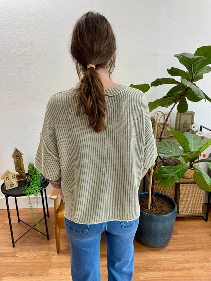 Sage Washed Raw Edge Knit Top