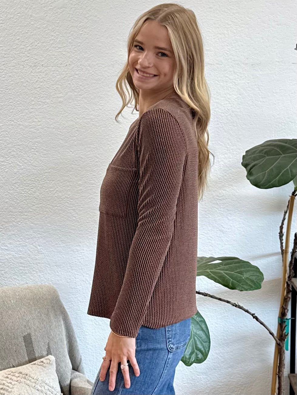 Brown Solid Ribbed Top