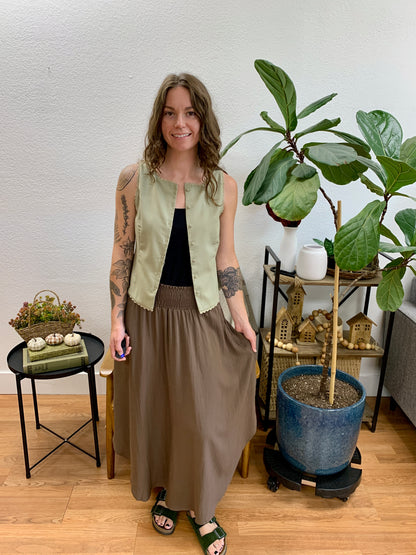 Chocolate Smocked Midi Skirt