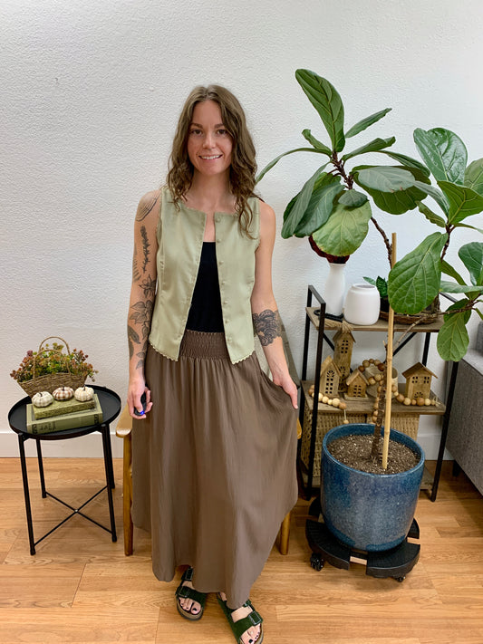 Chocolate Smocked Midi Skirt