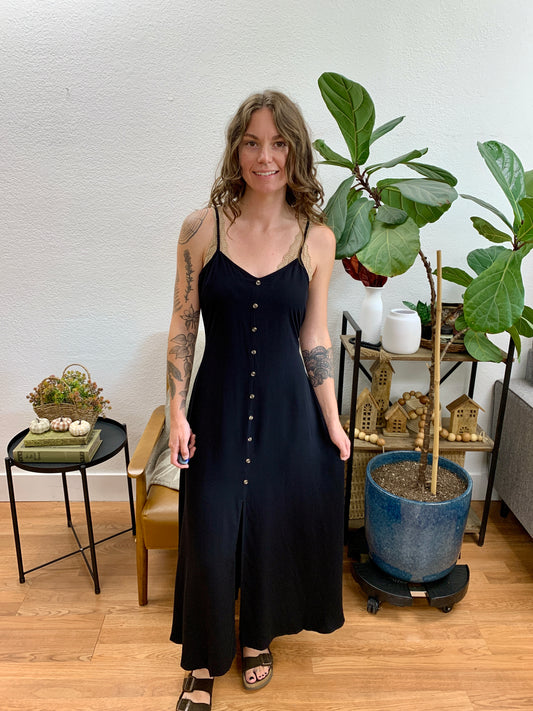 Black Flowy Button Front Dress