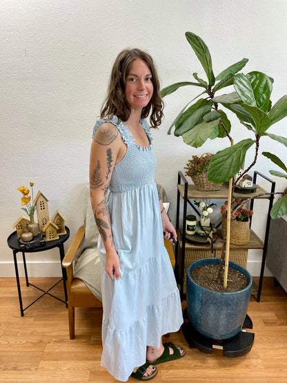 Sky Blue Smocked Tiered Ruffle Strap Dress