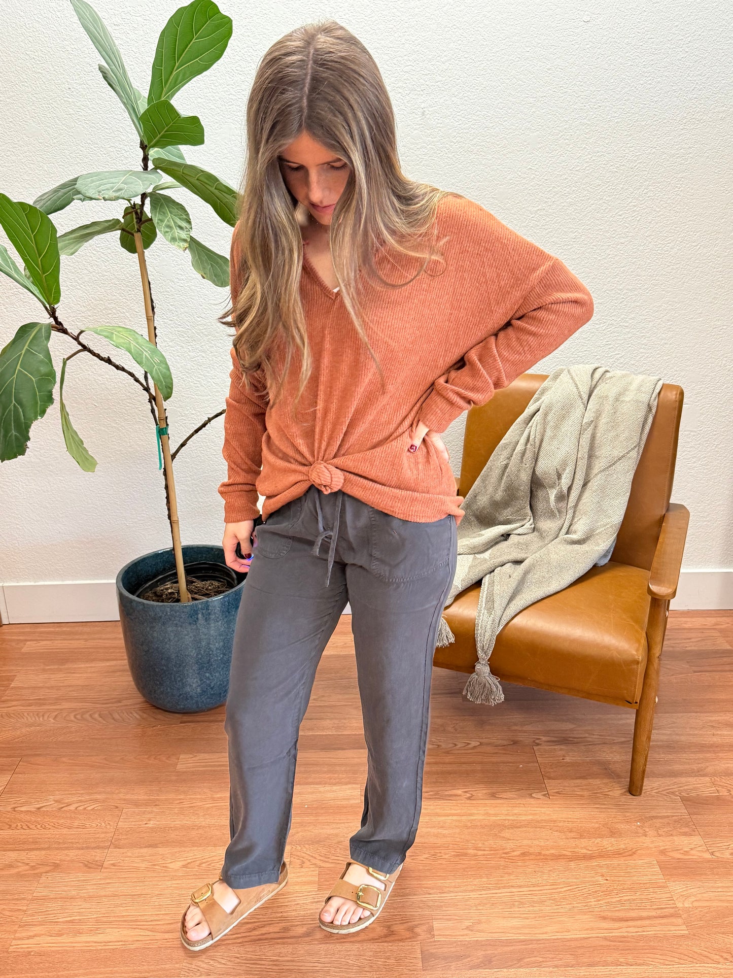 Burnt Orange Thermal V-Neck Top