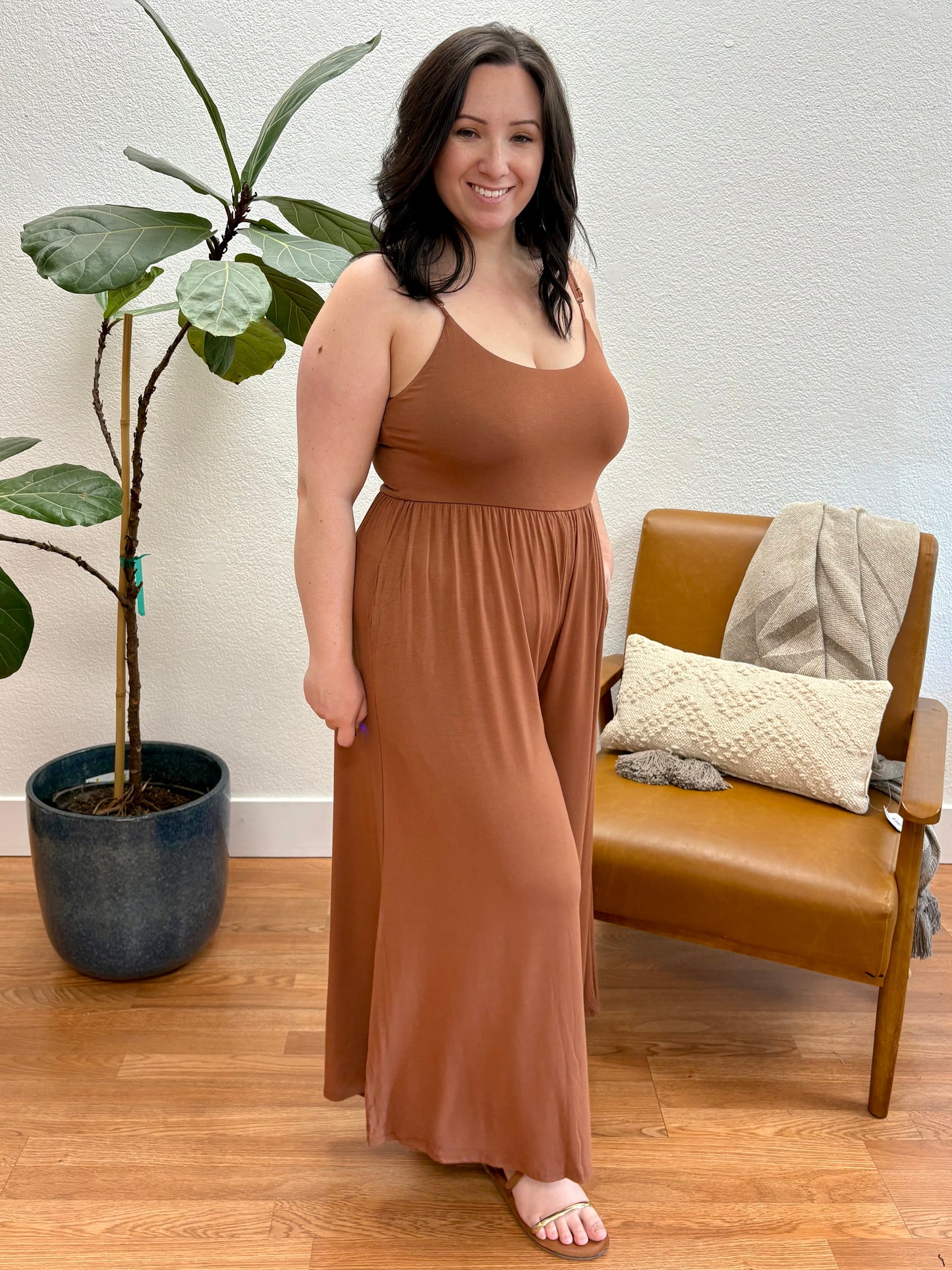 Rust U-Neck Flare Wide Leg Jumpsuit