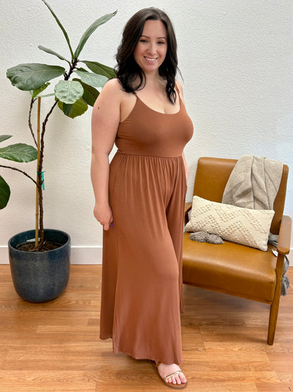 Rust U-Neck Flare Wide Leg Jumpsuit