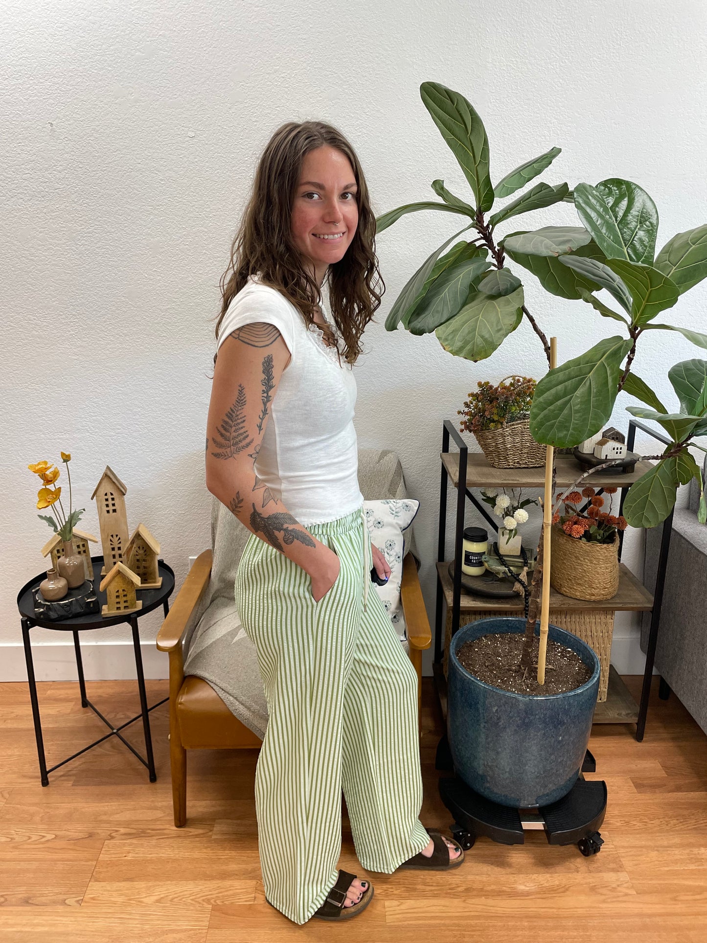 Olive Striped Drawstring Pants